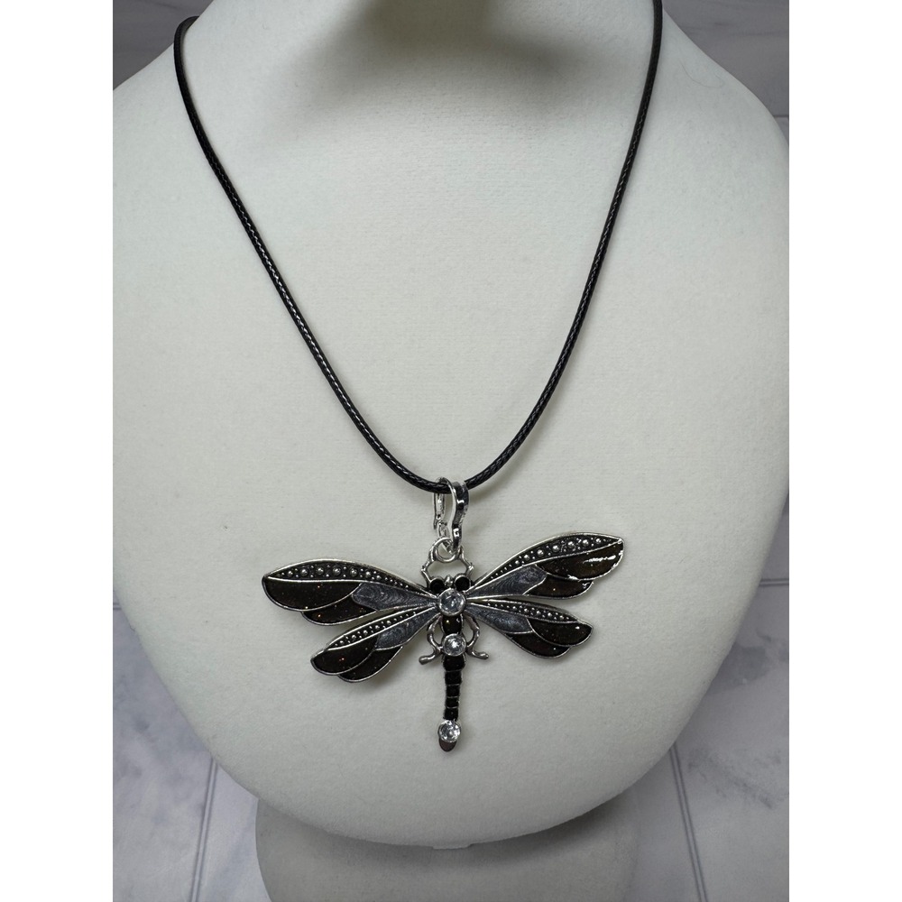 Black Silver Tone Dragonfly Pendant Necklace Cord Crystal Enamel Insect New